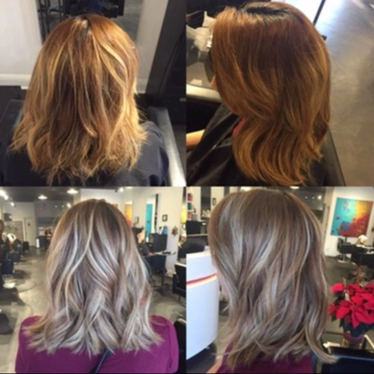 Multi-angle view of a dimensional blonde color transformation