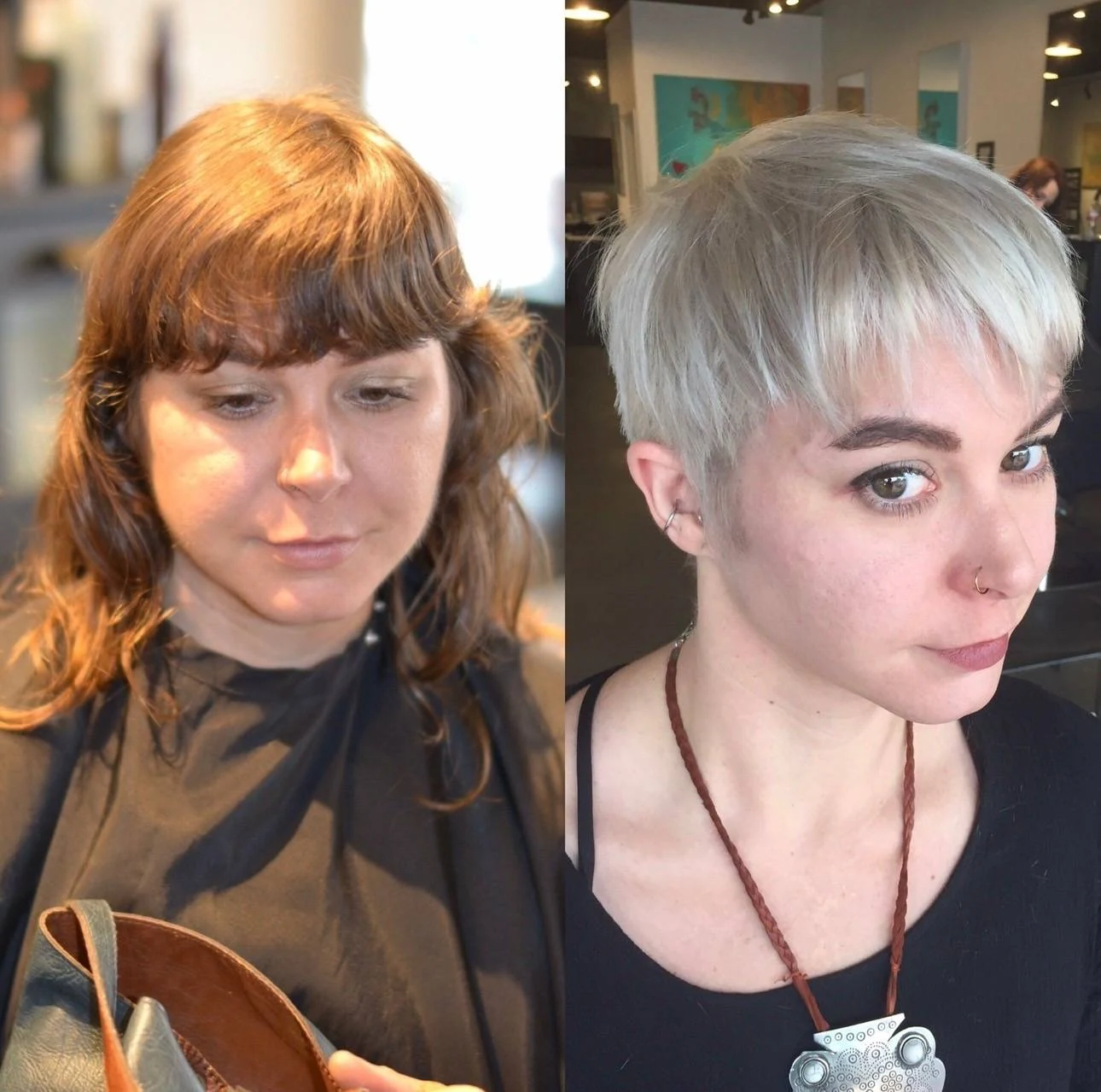Before and after of a long haircut transformed into a platinum pixie